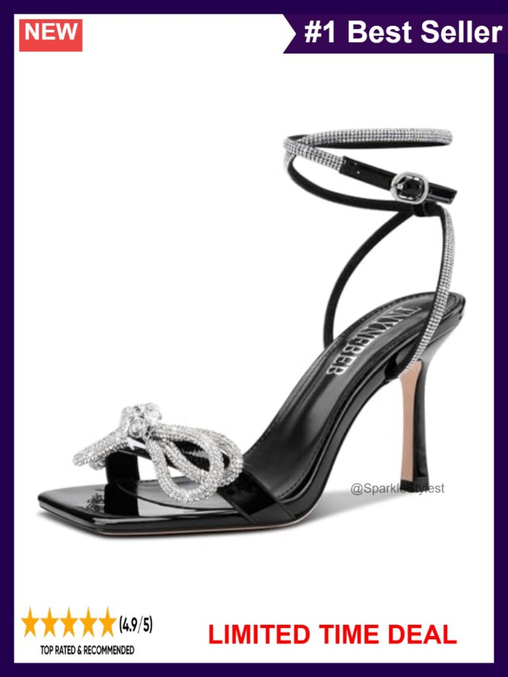 Womens Stiletto High Heel Open Square Toe Sandals Ankle Strap Rhinestone Bow